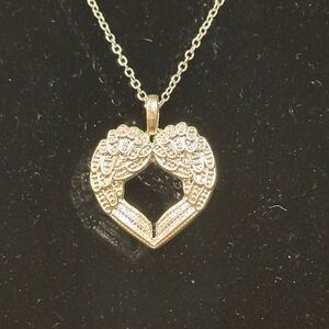 Silver Angel Wings Heart Pendant Necklace. 925 silver chain.